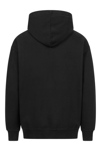 Rückansicht Rapanui Oversize Print Hoodie aus GOTS Bio Baumwolle, Unisex, schwarz